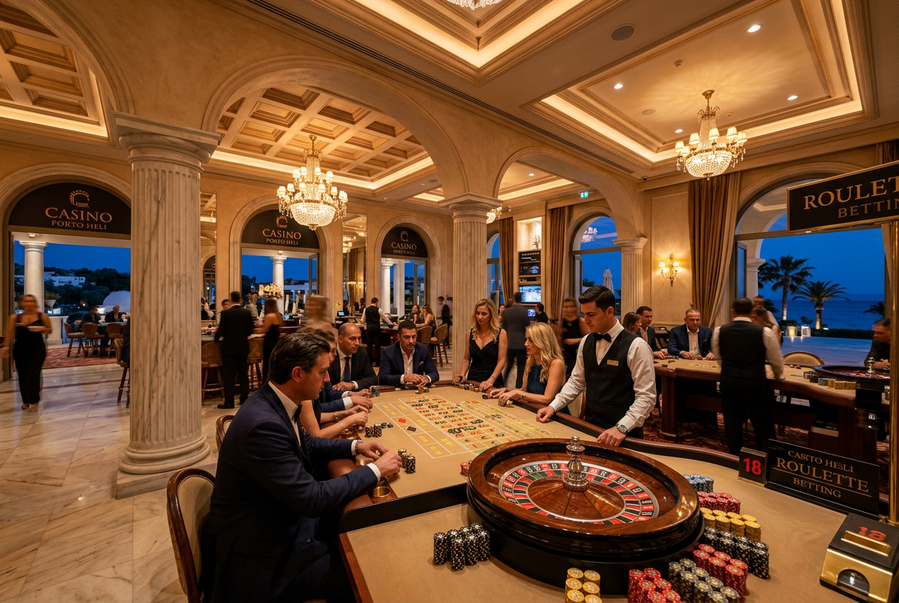 A high-end casino lobby with Greek marble accents and professional gaming tables.